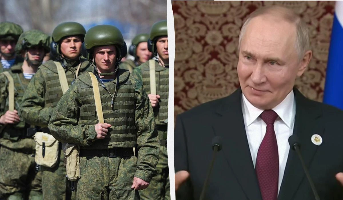 Ілюстративне фото: російський військовослужбовець на тлі військової техніки та кремлівської символіки